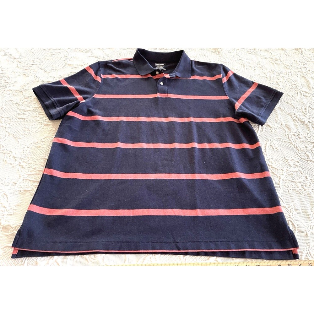 L.L. Bean Polo Shirt Blue Striped SS #300456 Men's XXL Reg Traditional Fit
